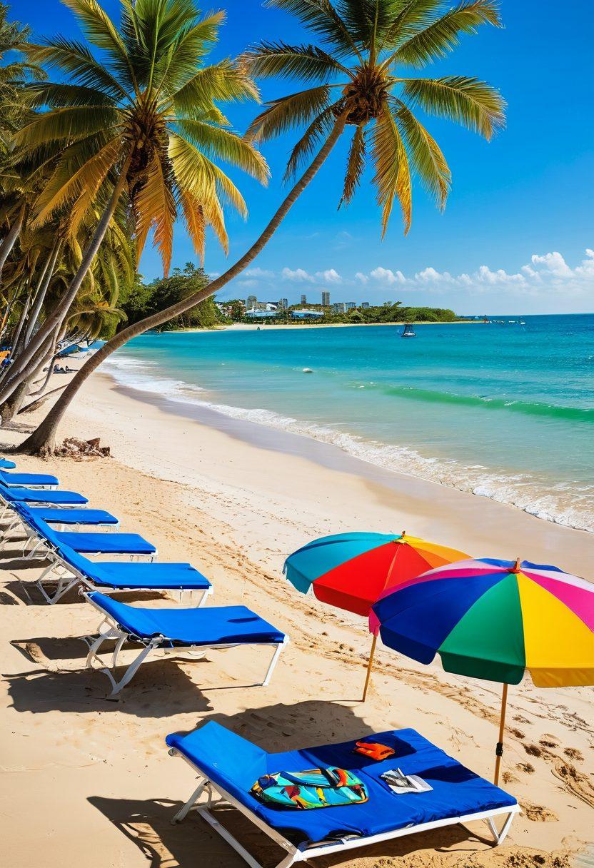 A sun-soaked beach scene showcasing vibrant beachwear on colorful beach umbrellas, with people splashing in the clear blue water. Include stylish swim essentials like sunglasses, beach towels, and flip-flops scattered on the sand. Lush palm trees in the background and the iconic Lauderdale Lakes skyline in the distance, evoking a tropical paradise vibe. bright colors. summer theme. super-realistic.